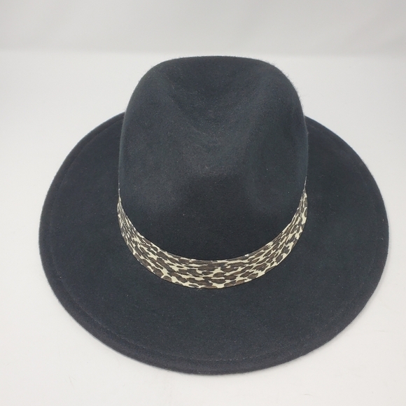 NINE WEST BLACK FEDORA HAT 100% WOOL CHEETAH PRINT BAND WOMEN OS - Picture 11 of 13